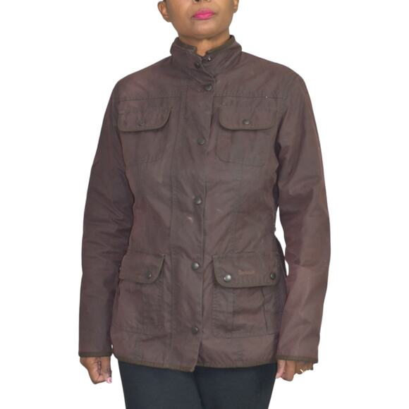 Barbour Utility Jacket Brown Wax Cotton Flannel Lined Slim Hip Length Size 10 - Picture 1 of 16